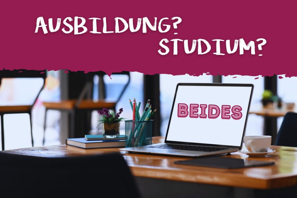 Laptop, Schreibtisch, Studieren und betriebliche Ausbildung kombinieren